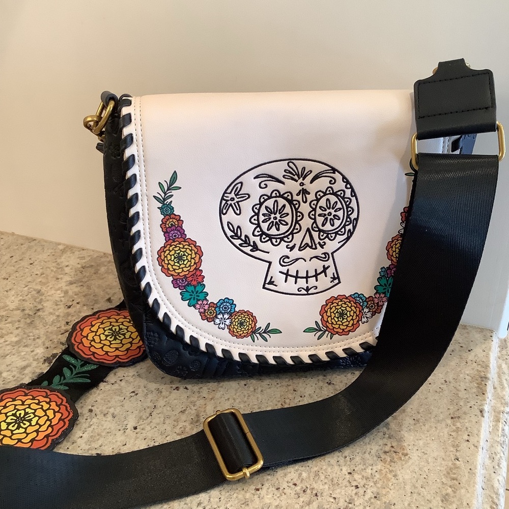 Loungefly Disney Pixar Embroidered Skull Floral Crossbody Bag - Black and White